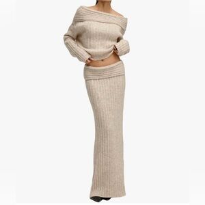 Elegant Off-Shoulder Knit Set in Cream
